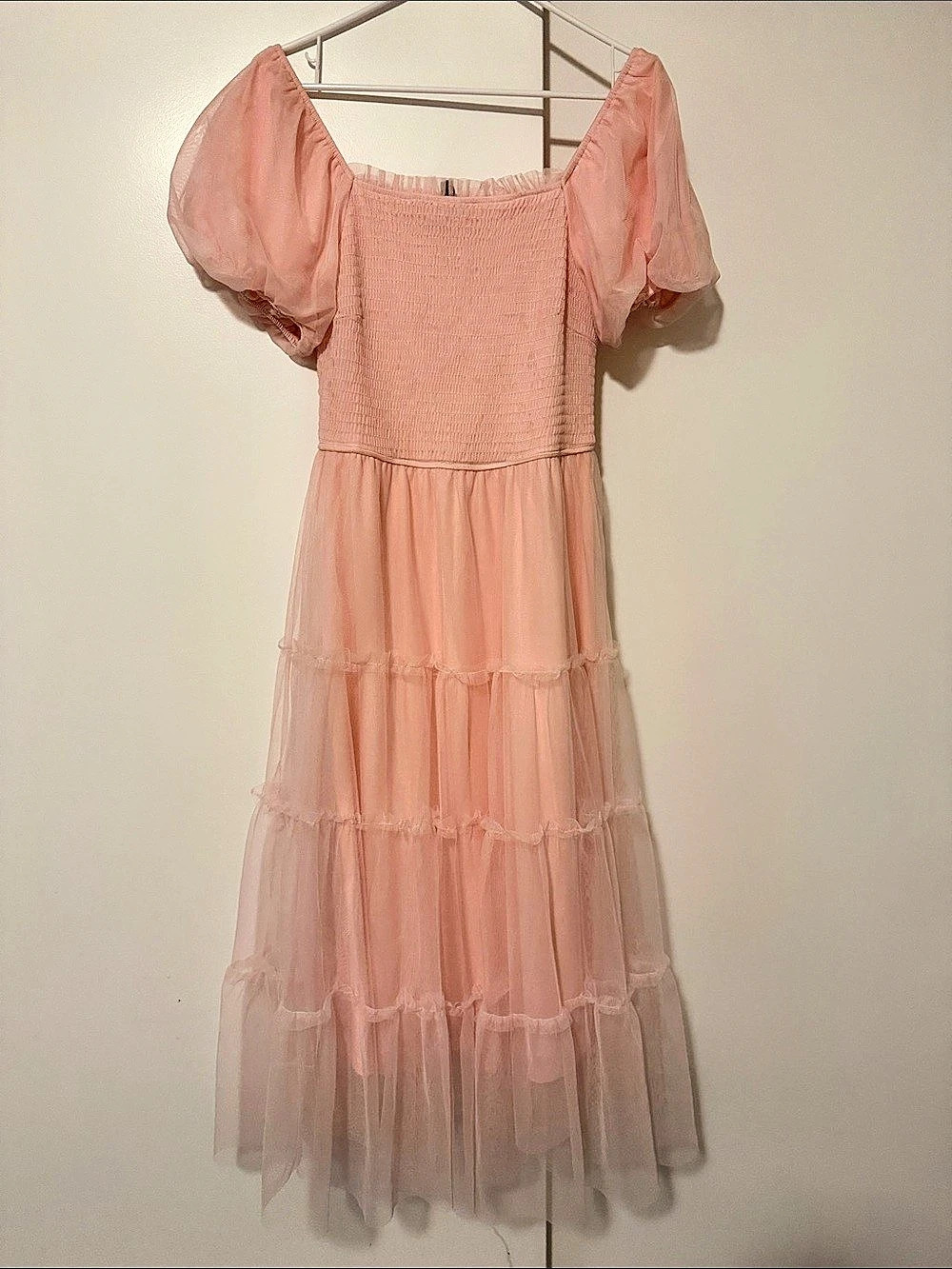 PrettyGarden Women's Smocked Tulle Midi Dress Square Neck Puffy Short Sleeve